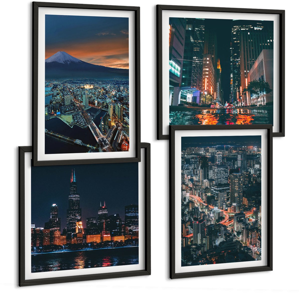 Tulup 4-Delige Schilderij Set - Uitzicht op de stad 's nachts vanaf de bergen met wolkenkrabbers - 40 x 40 cm en 40 x 60 cm - Muurdecoratie - Wanddecoratie - Hal - Decoratieve Schilderijen