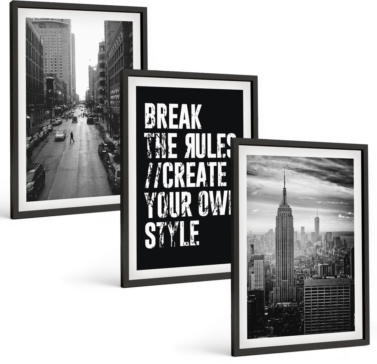Tulup 4-Delige Schilderij Set - Stadsstraten in zwart-wit met inspirerende letters - 40 x 60 cm - Stijlvolle Muurdecoratie - Slaapkamer - Decoratieve Schilderijen