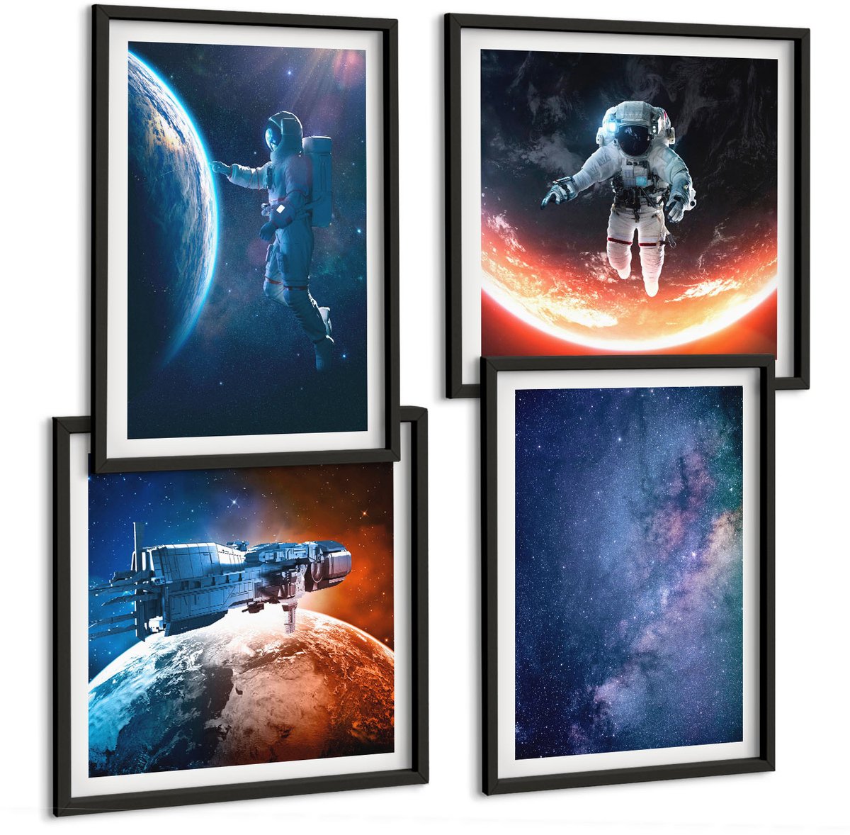 Tulup 4-Delige Schilderij Set - Uitzichten vanuit de ruimte: Astronauten in de sterren - 40 x 40 cm en 40 x 60 cm - Wanddecoratie - Muurdecoratie - Moderne Interieurdecoratie - Woonkamer Decoratie