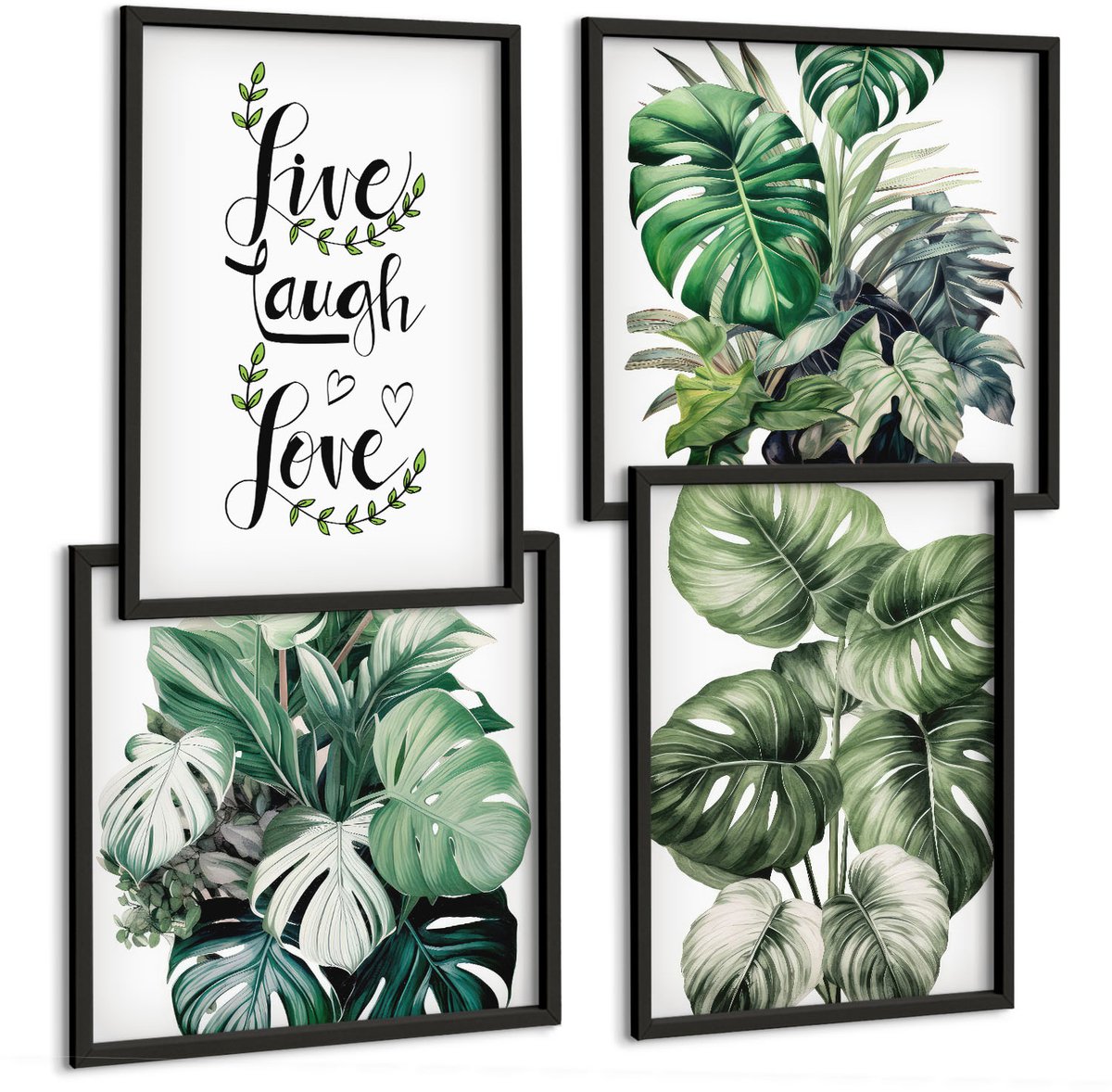 Tulup 4-Delige Schilderij Set - Bladrijke planten met de woorden Leef, Lach, Houd van - 40 x 40 cm en 40 x 60 cm - Decoratieve Schilderijen - Wanddecoratie - Hal