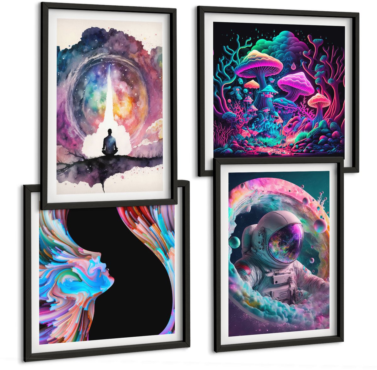 Tulup 4-Delige Schilderij Set - Kleurrijke fantasiekunstillustraties - 40 x 40 cm en 40 x 60 cm - Moderne Wanddecoratie - Slaapkamer - Muurdecoratie