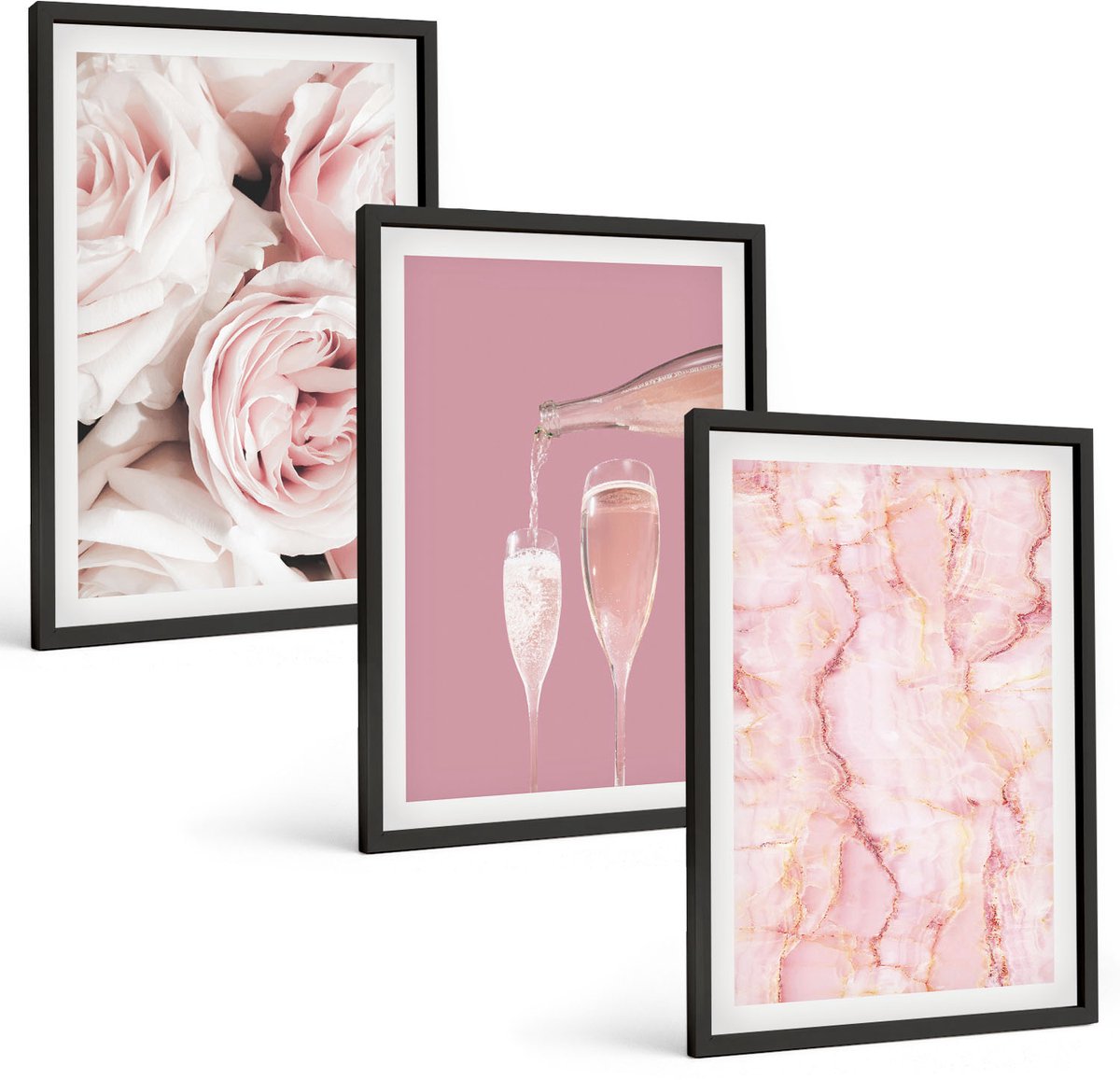 Tulup 4-Delige Schilderij Set - Champagnekleurige rozen en een pastelkleurige marmeren achtergrond - 40 x 60 cm - Wanddecoratie - Schilderijen Set - Kantoor - Woonkamer Decoratie