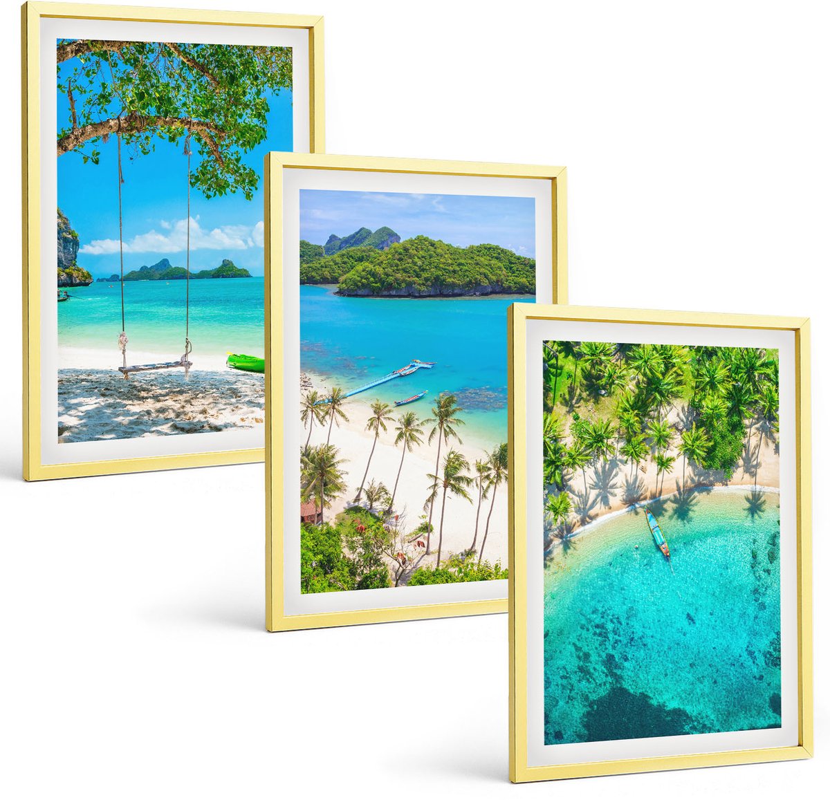 TULUP 4-Delige Schilderij Set - Tropische stranden met palmbomen en kristalhelder water. - 40 x 60 cm - Muurdecoratie - Schilderijen Set - Woonkamer - Stijlvolle Muurdecoratie Gouden lijst