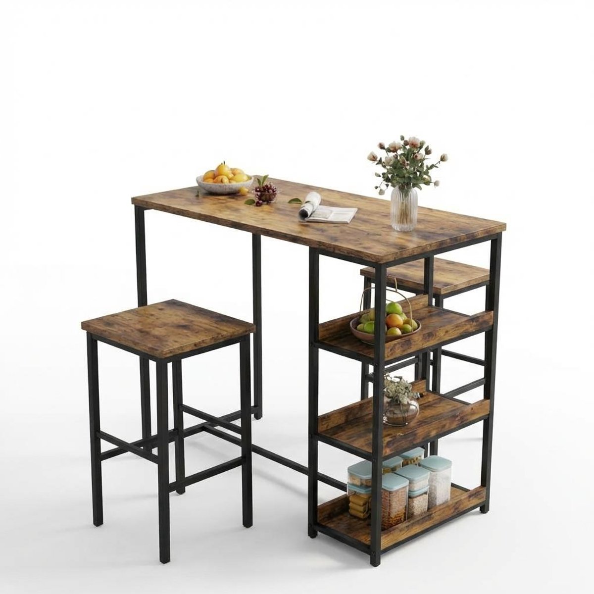 Ruimtebesparende 3‑delige bartafel‑eetset voor 2 personen – pubtafel met opbergplanken + 2 barkrukken – industrieel metaal en hout