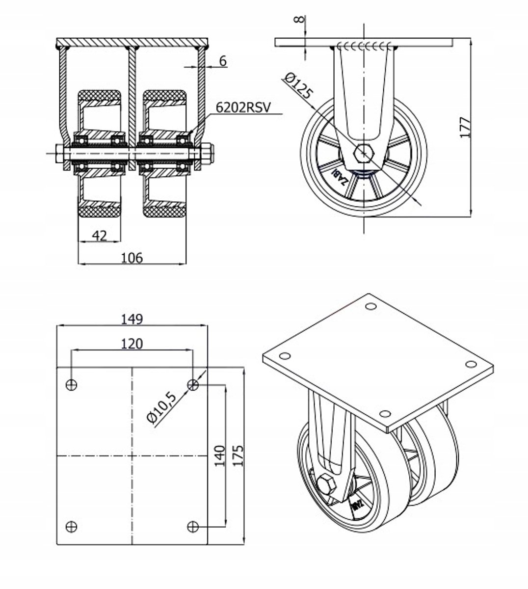Aluminium-Polyurethaan Wiel 125mm, 600kg, Gelaste Behuizing