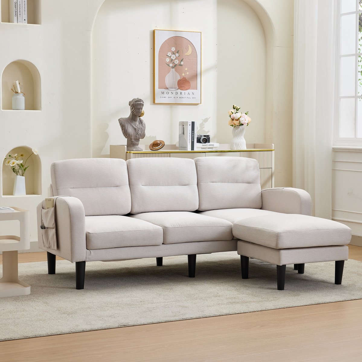 MODENUIT Hoekbank 204 x 136 x 80 cm - 3-Zits Met Chaise Longue En Opbergvakken - Woonkamer - Stof Beige