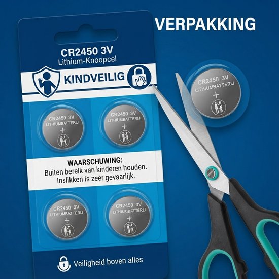 Kindveilige verpakking met 4 stuks CR2450 3V lithium knoopcelbatterijen.