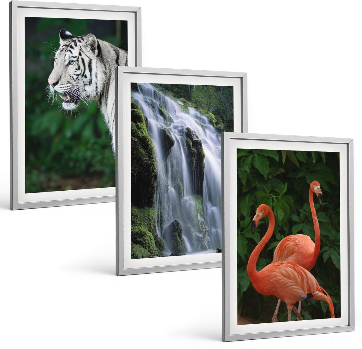 TULUP 4-Delige Schilderij Set - Tijgerwaterval en roze flamingo's in de natuur - 40 x 60 cm - Decoratieve Schilderijen - Wanddecoratie - Hal - Moderne Wanddecoratie Zilveren lijst