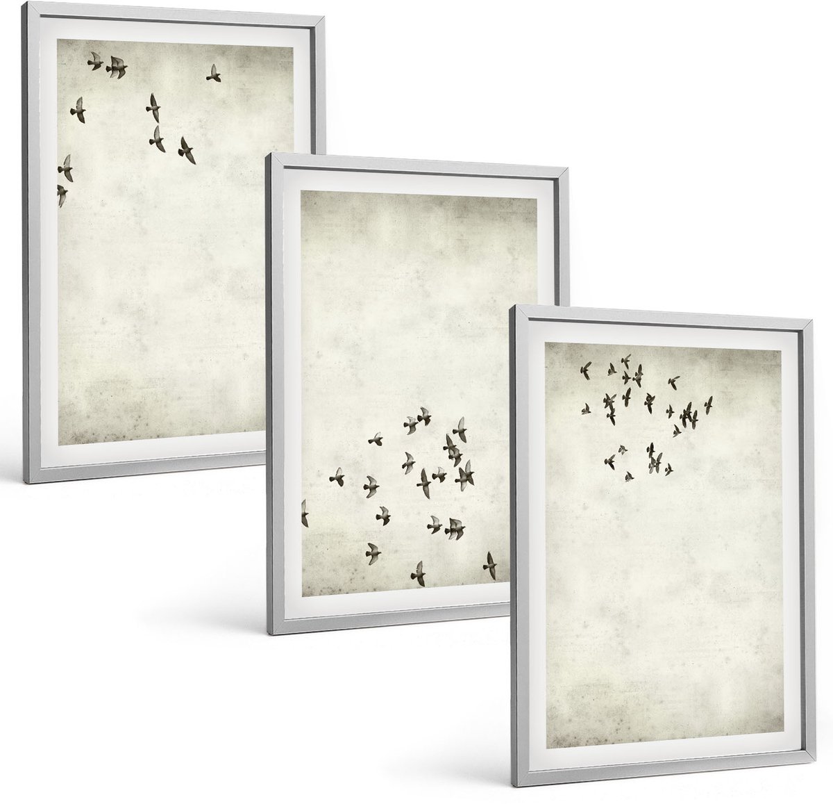 TULUP 4-Delige Schilderij Set - Minimalistisch schilderij van vliegende vogels - 40 x 60 cm - Wanddecoratie - Muurdecoratie - Woonkamer - Interieur Decoratie Zilveren lijst