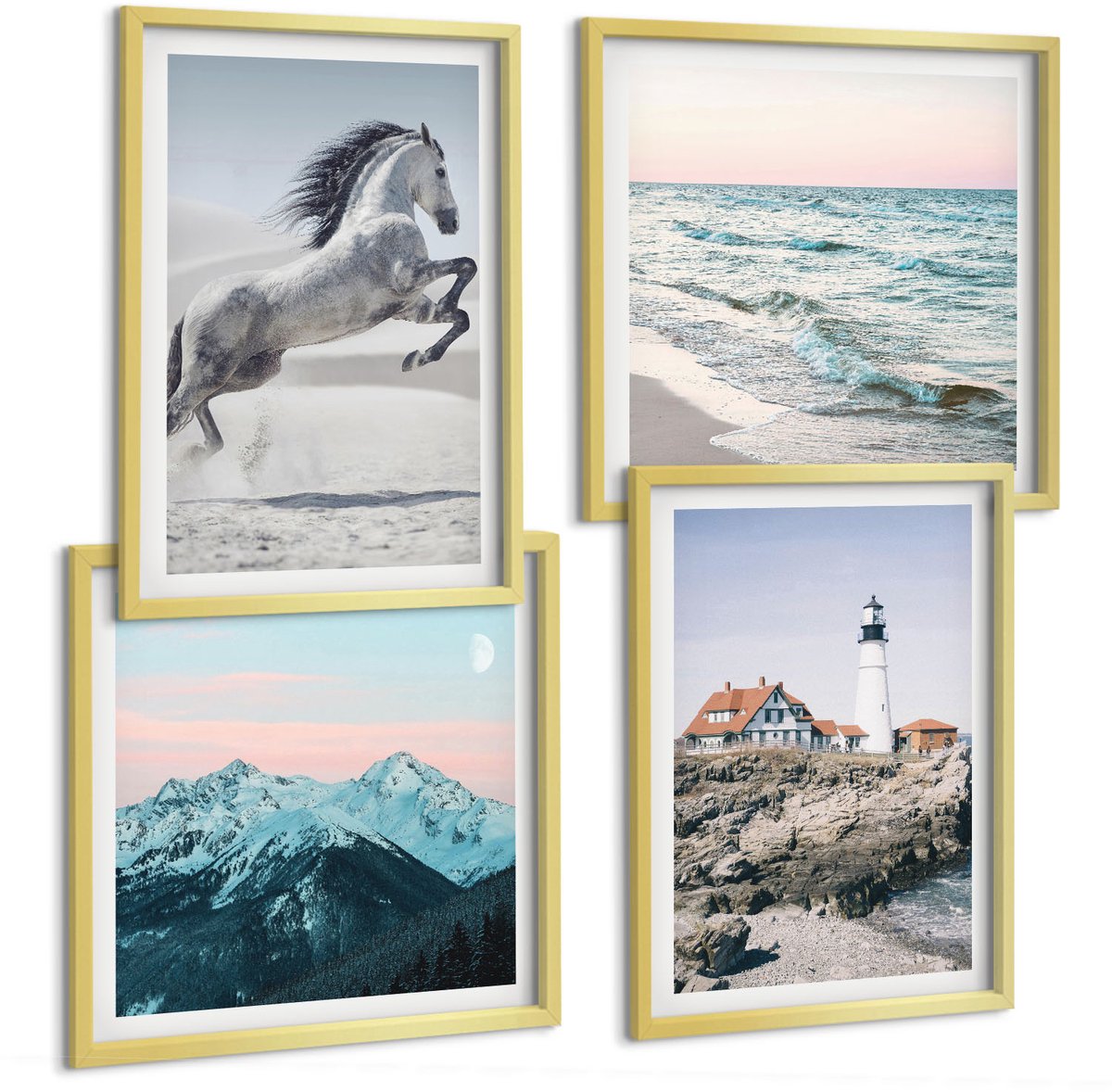 TULUP 4-Delige Schilderij Set - Paarden in beweging Strand en vuurtorenbergen - 40 x 40 cm en 40 x 60 cm - Muurdecoratie - Wanddecoratie - Slaapkamer - Decoratieve Schilderijen Gouden lijst