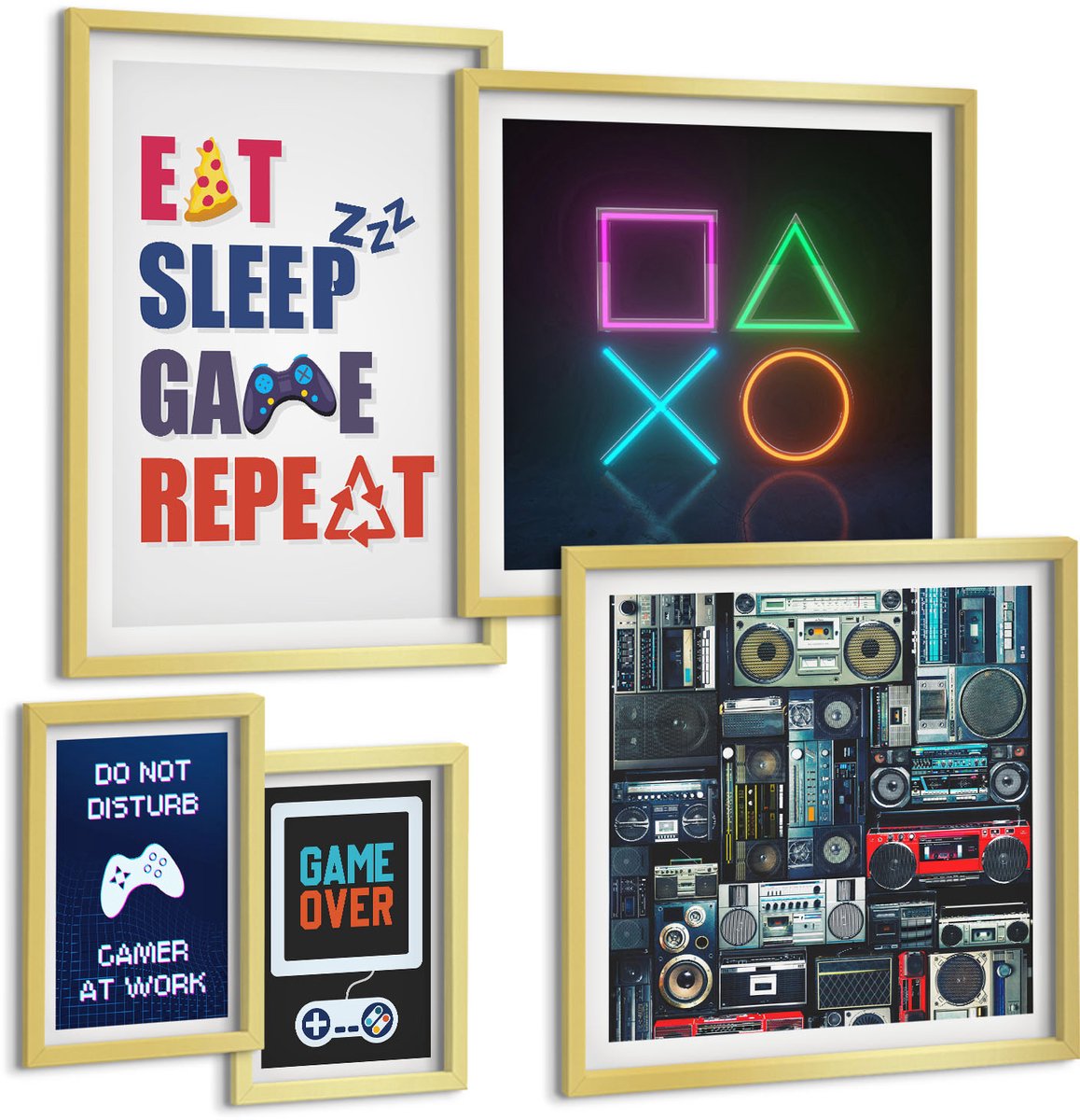 TULUP 5-Delige Schilderij Set - Stijlvolle decoraties voor liefhebbers van videogames - 50 x 50 cm, 20 x 30 cm en 40 x 60 cm - Wanddecoratie - Schilderijen Set - Kantoor - Muurdecoratie Gouden lijst