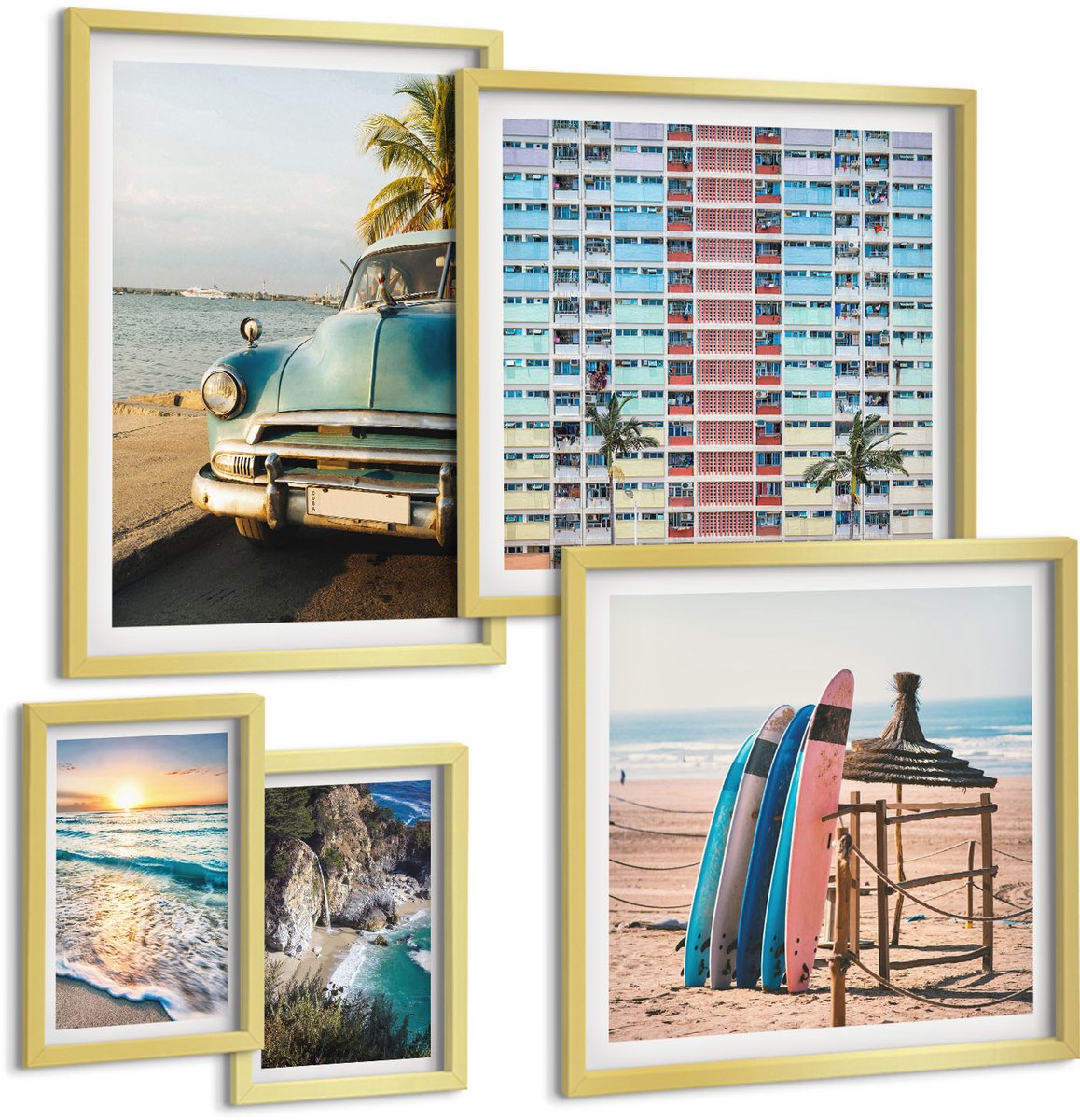 TULUP 5-Delige Schilderij Set - Stijlvolle strandlandschappen met auto's en surfers - 50 x 50 cm, 20 x 30 cm en 40 x 60 cm - Muurdecoratie - Wanddecoratie - Slaapkamer Gouden lijst