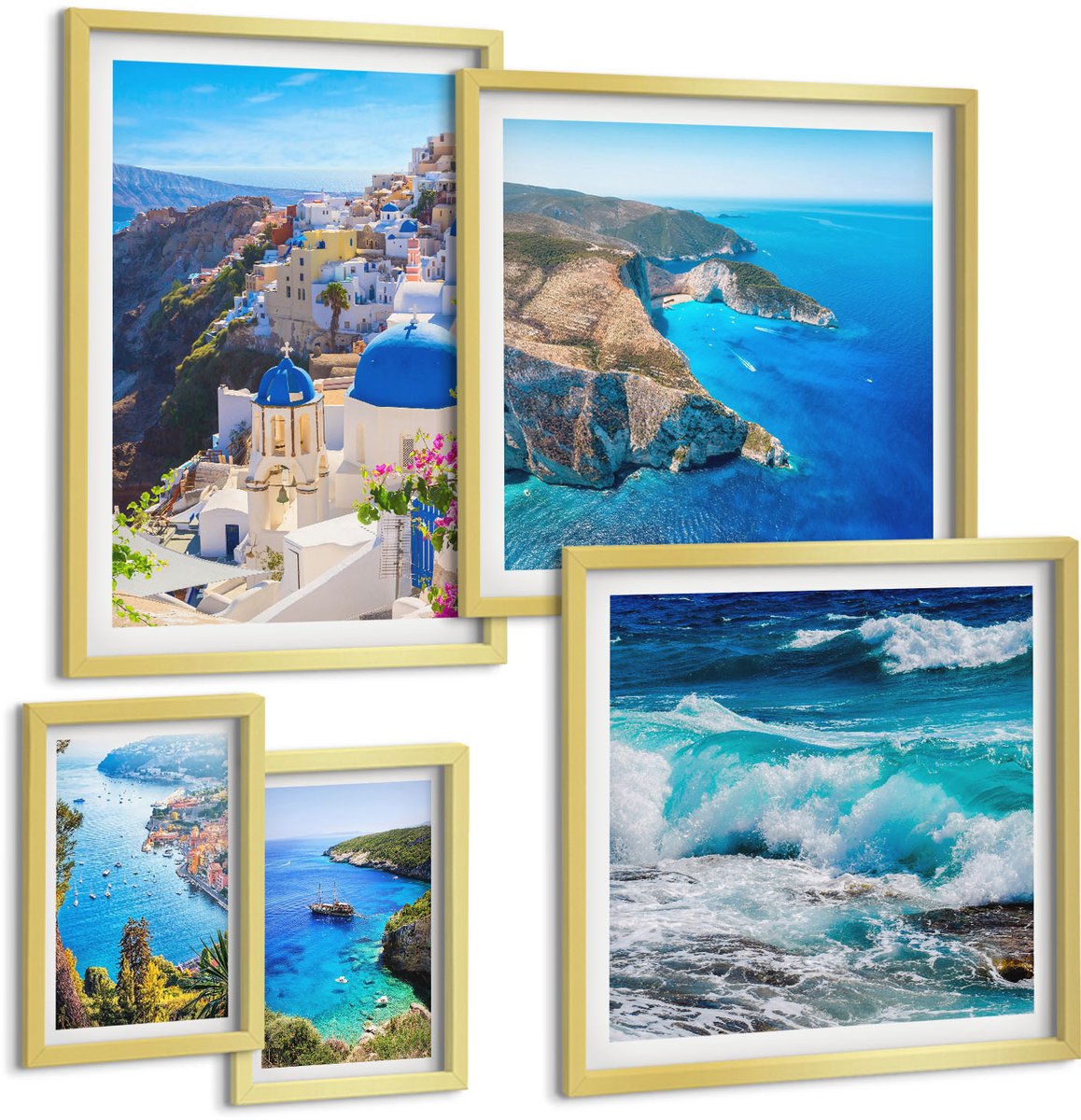 TULUP 5-Delige Schilderij Set - Landschappen van de Egeïsche Zee met pittoreske uitzichten - 50 x 50 cm, 20 x 30 cm en 40 x 60 cm - Muurdecoratie - Wanddecoratie - Hal - Woonkamer Decoratie Gouden lijst