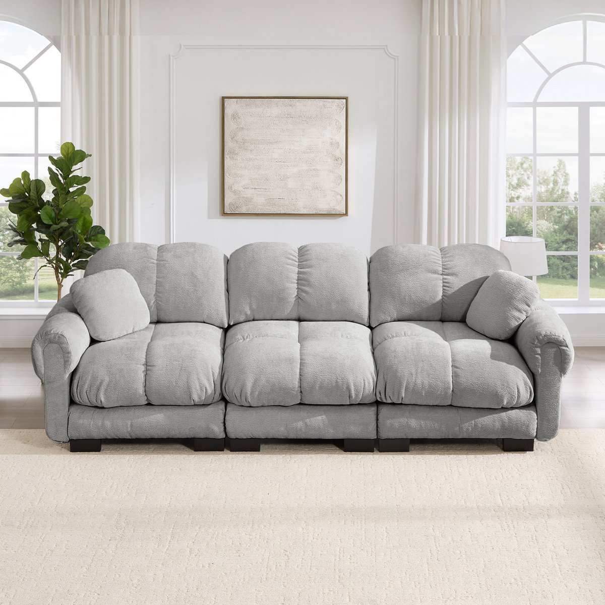 MODENUIT Bank 3-Zits 260 X 86 X 90 Cm - Steppatroon En 2 Sierkussens - Woonkamer - Chenille - Lichtgrijs