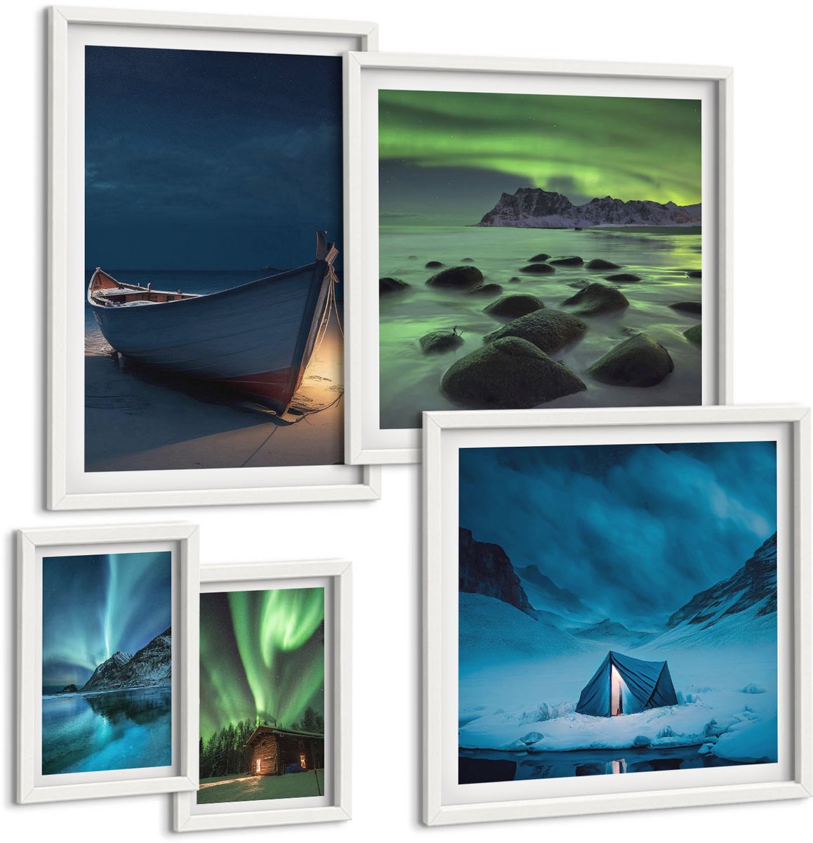 Tulup 4-Delige Schilderij Set - Winterlandschappen met noorderlicht en nachtelijke hemel - 50 x 50 cm, 20 x 30 cm en 40 x 60 cm - Wanddecoratie - Schilderijen Set - Kantoor - Decoratieve Schilderijen