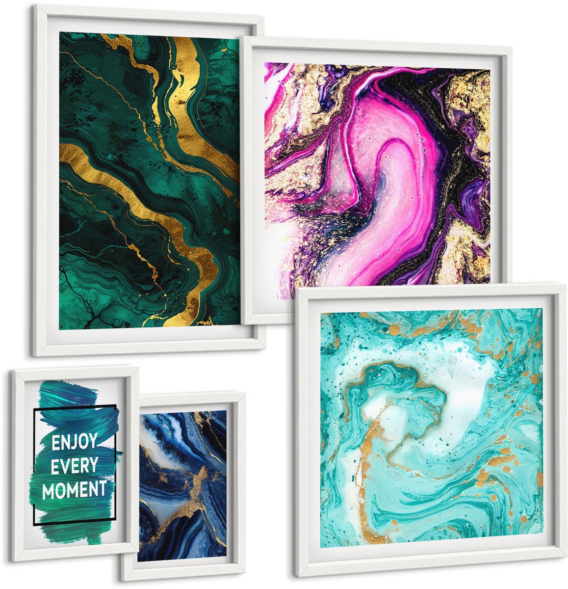 Tulup 4-Delige Schilderij Set - Abstracte patronen in tinten groen en paars. - 50 x 50 cm, 20 x 30 cm en 40 x 60 cm - Wanddecoratie - Muurdecoratie - Moderne Interieurdecoratie - Decoratieve Schilderijen
