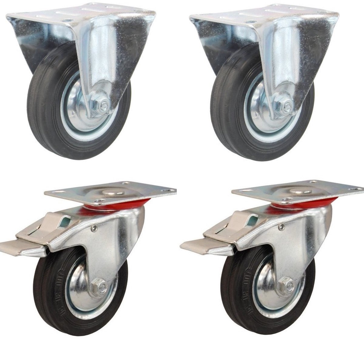Set van 4 Zwenkwielen 125mm (2 Vast, 2 Geremd)