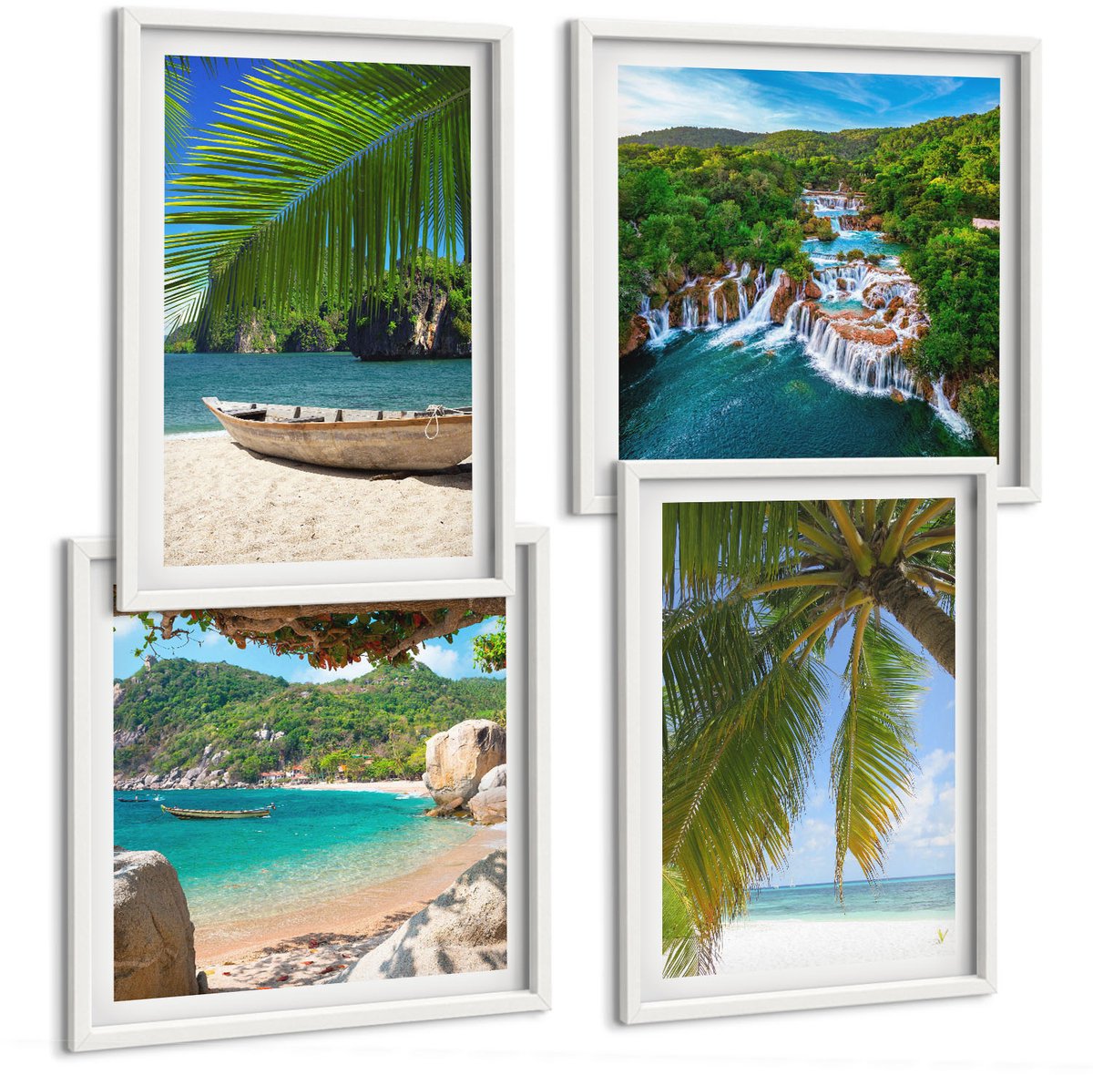 Tulup 4-Delige Schilderij Set - Strand met boten, watervallen en palmbomen in de tropen - 40x40 en 40x60 - Muurdecoratie - Wanddecoratie - Hal - Woonkamer Decoratie
