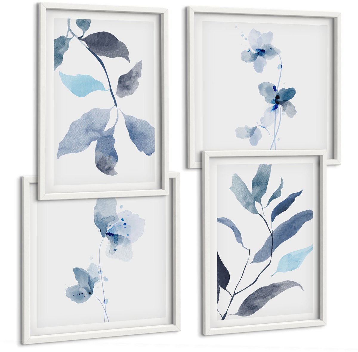 Tulup 4-Delige Schilderij Set - Blauwe bladeren op een lichte achtergrond in aquarelstijl - 40x40 en 40x60 - Stijlvolle Wanddecoratie - Interieur - Moderne Wanddecoratie