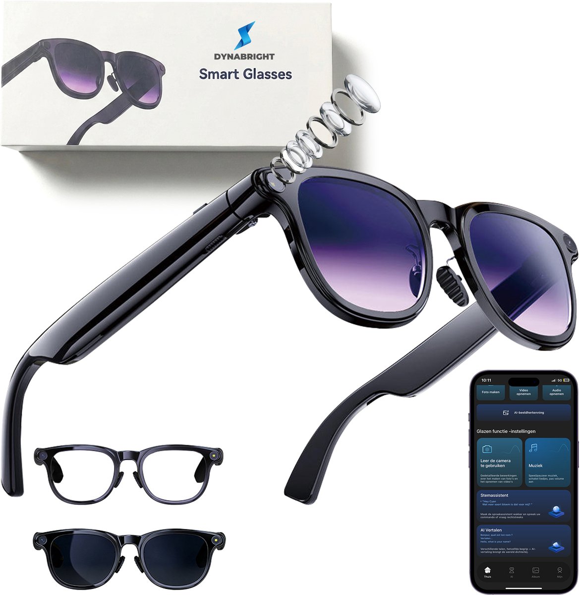 Dynabright Camera Bril - Slimme Bril met Camera - Bluetooth - Met belfunctie - NL App - Incl 2 Extra Sets Glazen - Mini Spycamera - Incl. Opbergzakje - Camera & Video & Muziek - Smart Glasses - Oplaadbaar