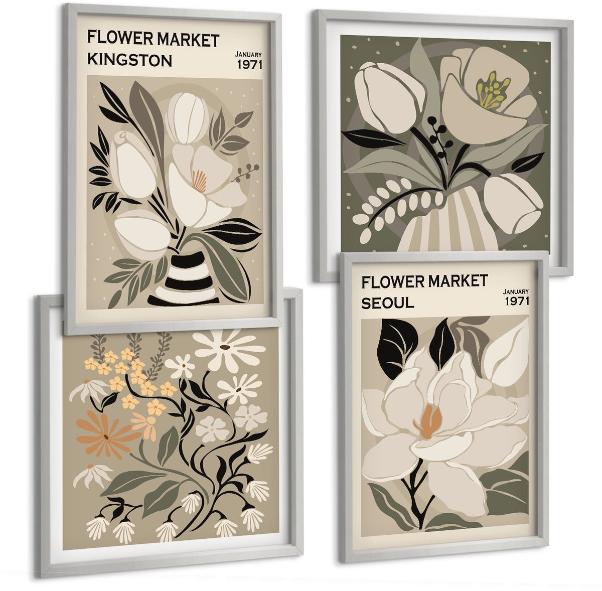 TULUP 4-Delige Schilderij Set - Kingston Seoul Bloemen Retro Stijl Illustraties - 40 x 40 cm en 40 x 60 cm - Muurdecoratie - Interieur Decoratie - Woonkamer Decoratie Zilveren lijst