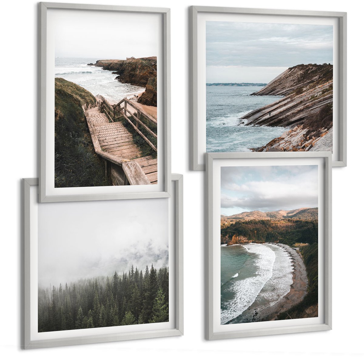 TULUP 4-Delige Schilderij Set - Uitzicht op zee met kliffen en strandlandschappen - 40 x 40 cm en 40 x 60 cm - Wanddecoratie - Schilderijen Set - Kantoor - Decoratieve Schilderijen Zilveren lijst