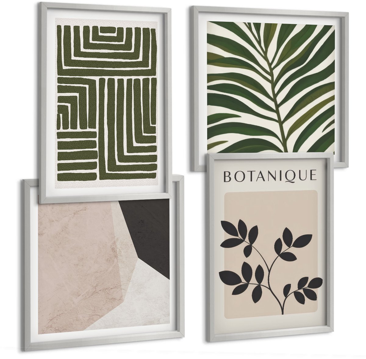 TULUP 4-Delige Schilderij Set - Botanische composities in boho-minimalistische stijl - 40 x 40 cm en 40 x 60 cm - Muurdecoratie - Schilderijen Set - Woonkamer - Decoratieve Schilderijen Zilveren lijst
