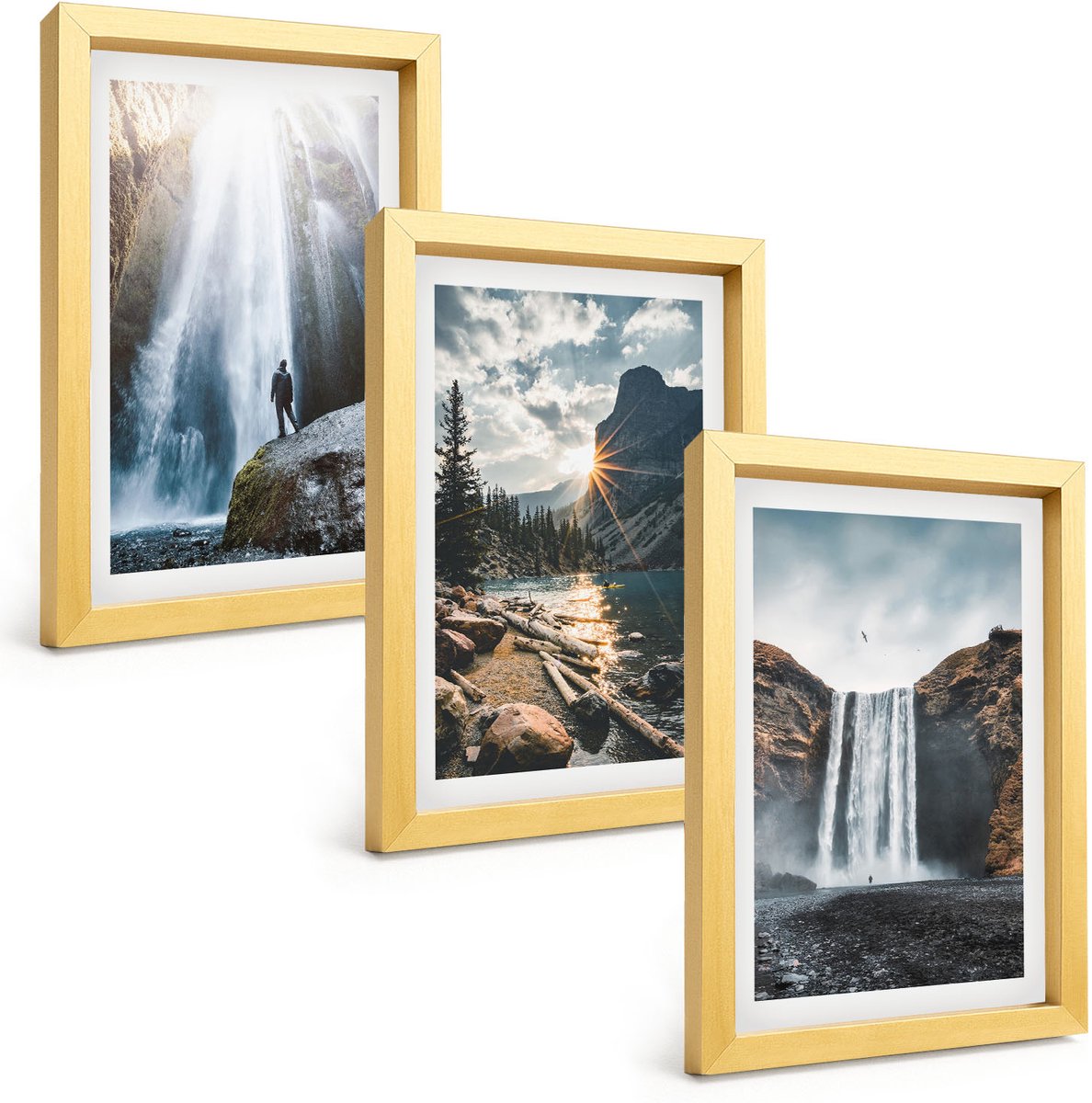TULUP 4-Delige Schilderij Set - Watervallen in de bergen met prachtige natuurlijke landschappen - 20 x 30 cm - Muurdecoratie - Interieur Decoratie - Decoratieve Schilderijen Gouden lijst