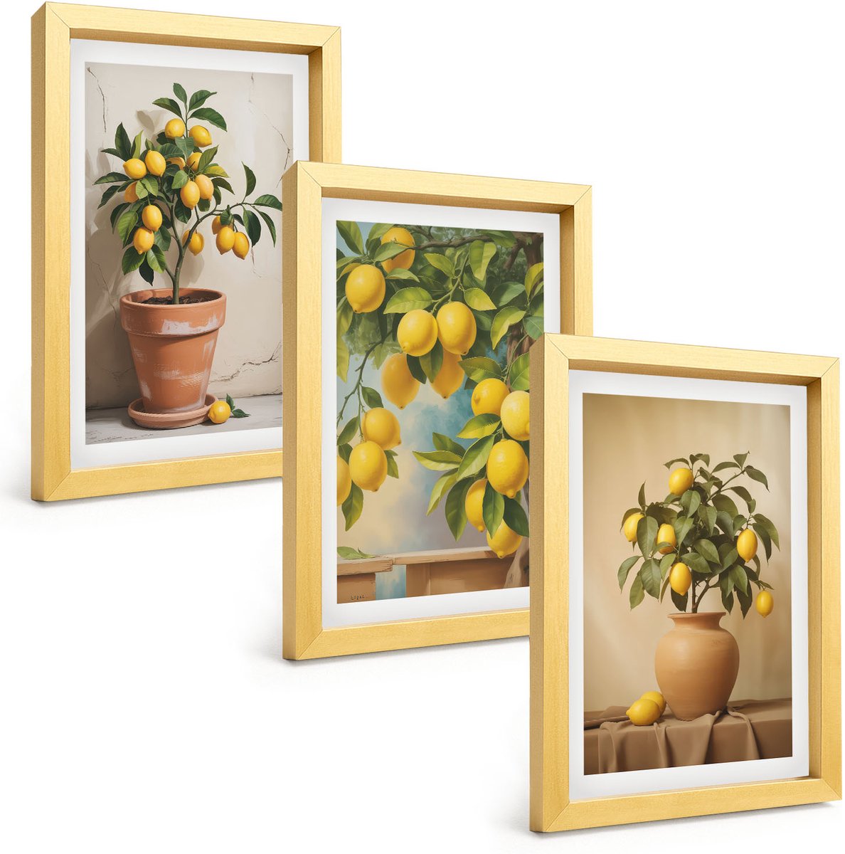 TULUP 4-Delige Schilderij Set - Citroenbomen in potten en vazen - 20 x 30 cm - Wanddecoratie - Muurdecoratie - Woonkamer - Moderne Wanddecoratie Gouden lijst