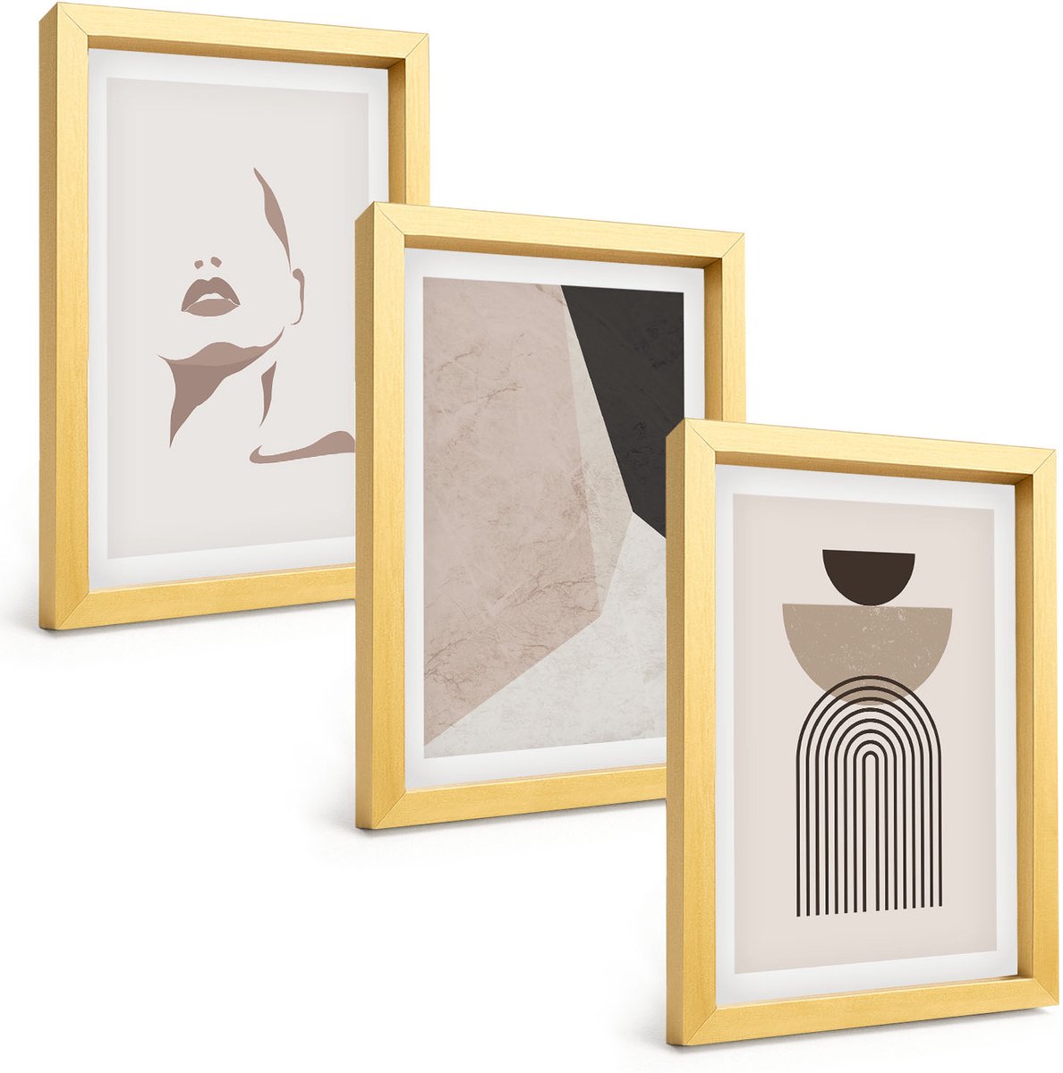 TULUP 4-Delige Schilderij Set - Abstracte geometrische vormen en een vrouwengezicht - 20 x 30 cm - Decoratieve Muurdecoratie - Slaapkamer - Interieur Decoratie Gouden lijst