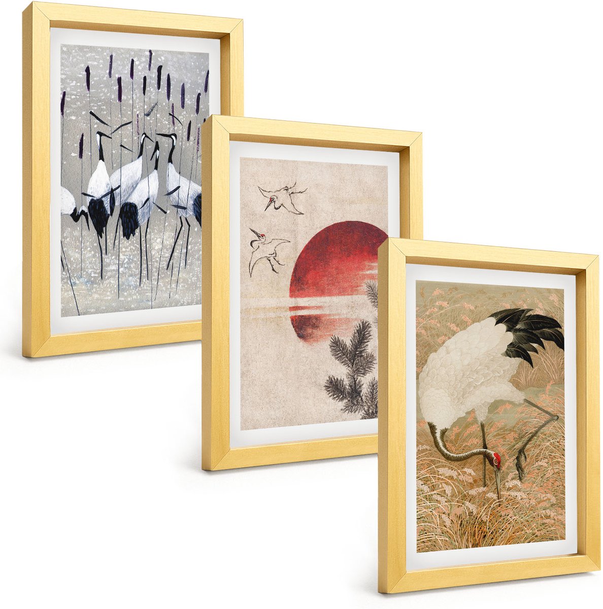 TULUP 4-Delige Schilderij Set - Illustraties van Japanse kraanvogels Japandi Landschap - 20 x 30 cm - Wanddecoratie - Schilderijen Set - Interieur - Woonkamer Decoratie Gouden lijst