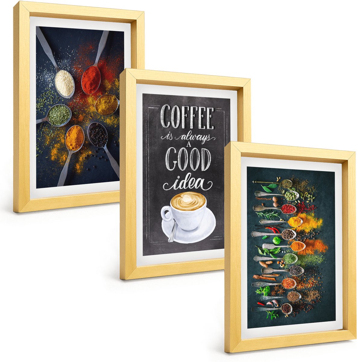 TULUP 4-Delige Schilderij Set - Specerijen Koffie met Kopje Kruiden Keukenpatronen - 20 x 30 cm - Wanddecoratie - Muurdecoratie - Moderne Interieurdecoratie Gouden lijst