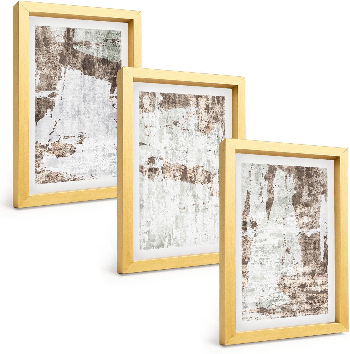 TULUP 4-Delige Schilderij Set - Abstracte patronen in tinten wit en bruin. - 20 x 30 cm - Wanddecoratie - Schilderijen Set - Interieur - Woonkamer Decoratie Gouden lijst