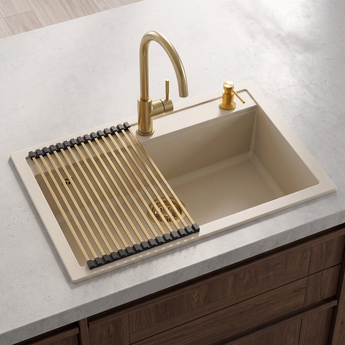 Inbouw granieten spoelbak Gurari SQQ103-113W – Crème Goud „Design”, retro spoelbak, incl. sifon, 795 × 505 mm + 5523 G Messing Keukenkraan + Oprolbare Afdruipmat, Siliconen + Roestvrij Staal