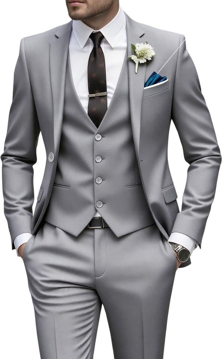 Currero 3 Delig Herenpak Met Overhemd - Suit 2 Delig - Tailored Fit Kostuum - Business Pak - Trouwpak - Smoking - Tuxedo Stijl - Bruiloft, Kantoor & Feest - Grijs XXL