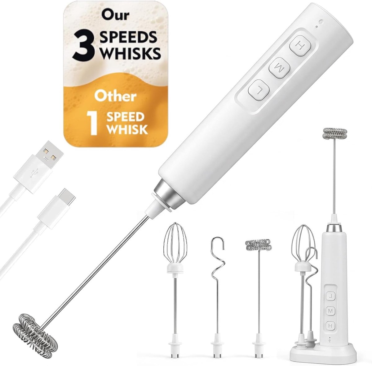 Melkopschuimer elektrisch - met USB-C oplaadbasis - 3 opzetstukken - romig schuim in 20 seconden - ShopVlot