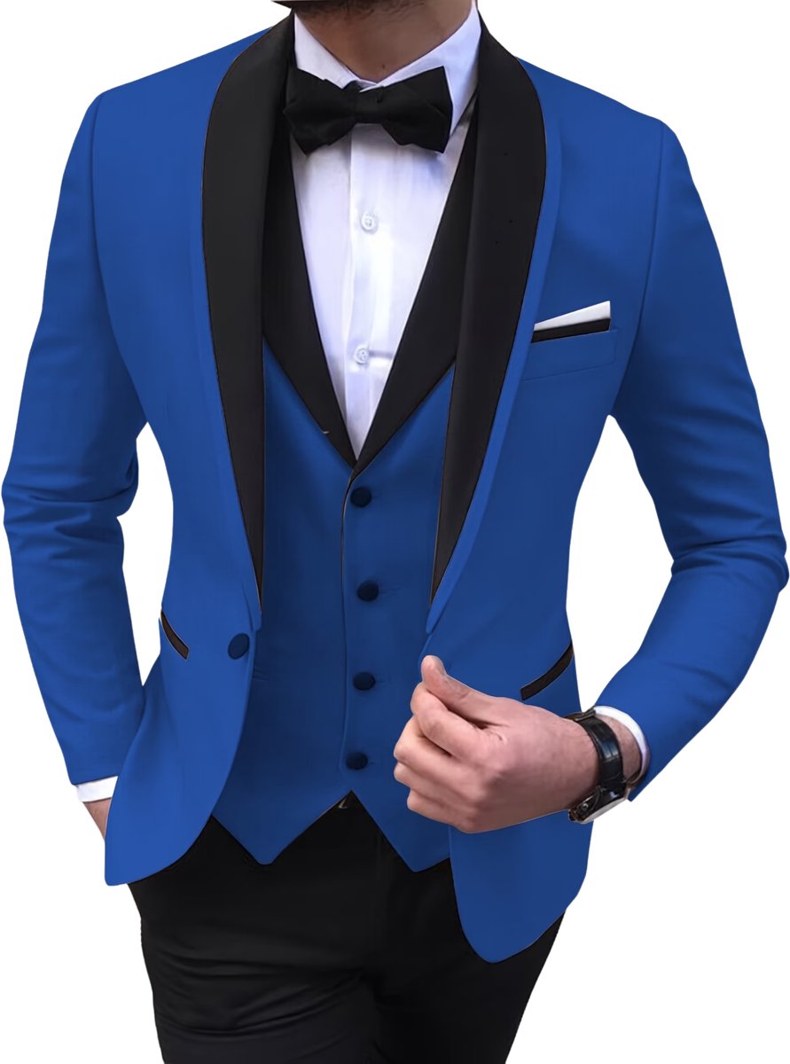 Currero 3 Delig Herenpak Met Overhemd - Suit 2 Delig - Tailored Fit Kostuum - Business Pak - Trouwpak - Smoking - Tuxedo Stijl - Bruiloft, Kantoor & Feest - Koningsblauw M