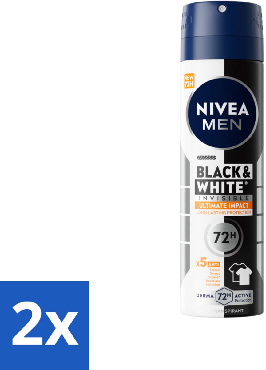2 x NIVEA MEN - Deodorant Spray - Black & White Ultimate Impact - 150 ml - Anti-transpirant - Deodorant - Vlekkenvoorkomend - Kledingbescherming - Zweetbescherming