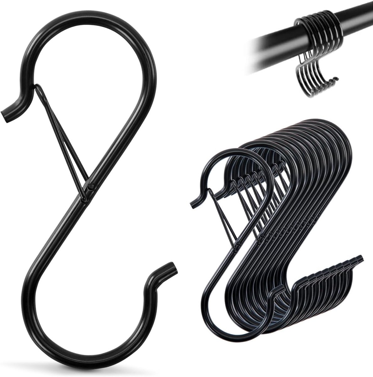 S-haken 9 cm - roestvrij staal - zwart met veiligheidsgesp - ideaal voor kledingstang - ShopVlot
