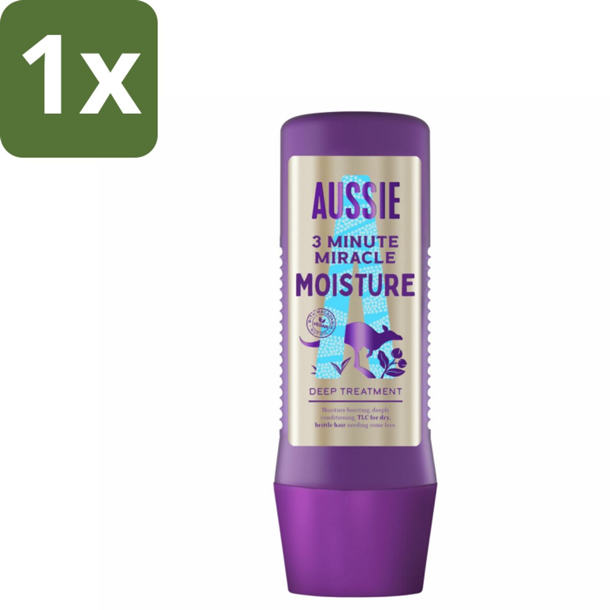 1 x Aussie - Haarmasker - 3 Minute Miracle Moisture - Intensief - Vegan Verzorging - 225 ml - Haarmasker - Hydratatie - Droog Haar - Vegan - Australische Macadamianootolie