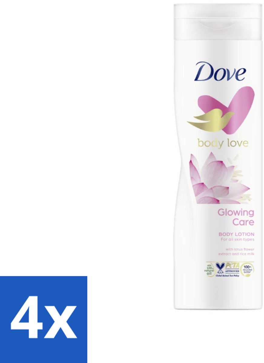 4 x Dove Bodylotion - Glowing Care - Lotus & Rijstmelk - 250 ml - Voedende Bodylotion - Hydraterende Bodylotion - Huidverzorging - Zachte Huid - Stralende Huid