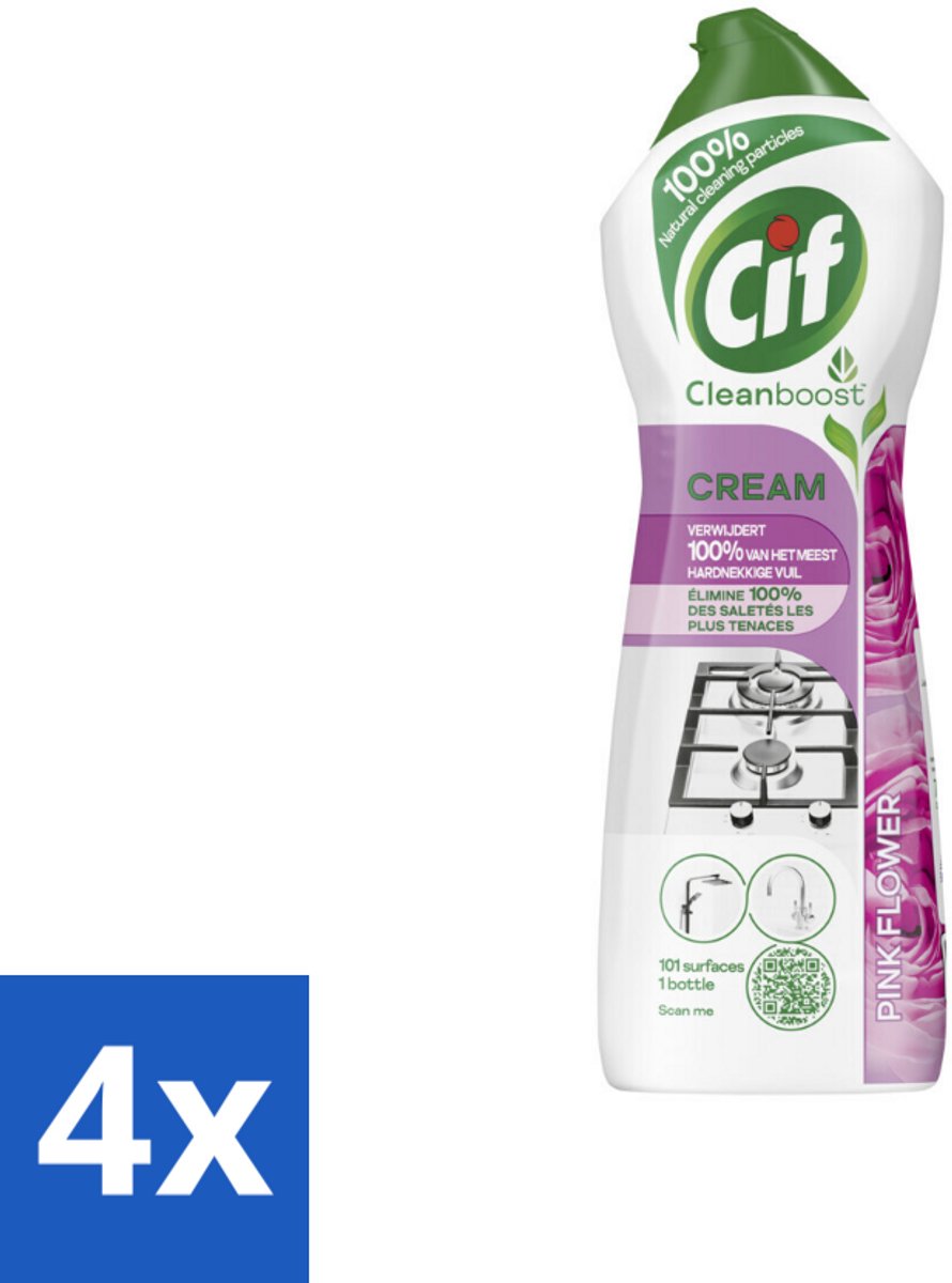 4 x Cif Cream Pink Flower - Schuurmiddel - Tegen Hardnekkig Vuil - Frisse Bloemengeur - 750 ml - Schoonmaakmiddel - Schuurmiddel - Allesreiniger - Hardnekkige Vuil - Cif
