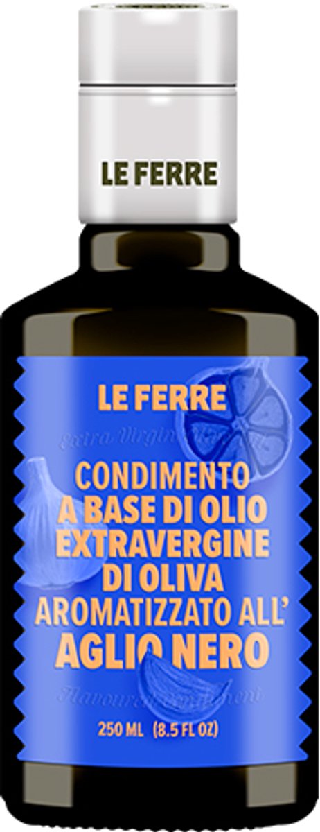 Le Ferre- Zwarte Knoflook Olijfolie Extra Vierge 250 ml – Italiaanse Extra Vierge Olijfolie met Zwarte Knoflook – Premium Infusie – Voor Pasta, Vlees & Groenten