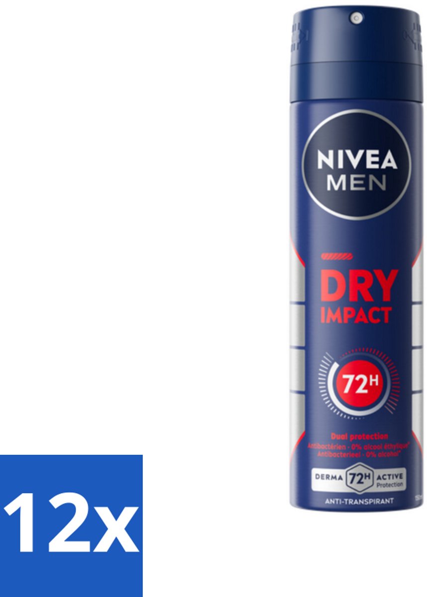 12 x NIVEA MEN - Deodorant Spray - Dry Impact - 150 ml - Droog Huidgevoel - Zweetbeheersing - Anti-transpirant - Frisheid - Huidbescherming