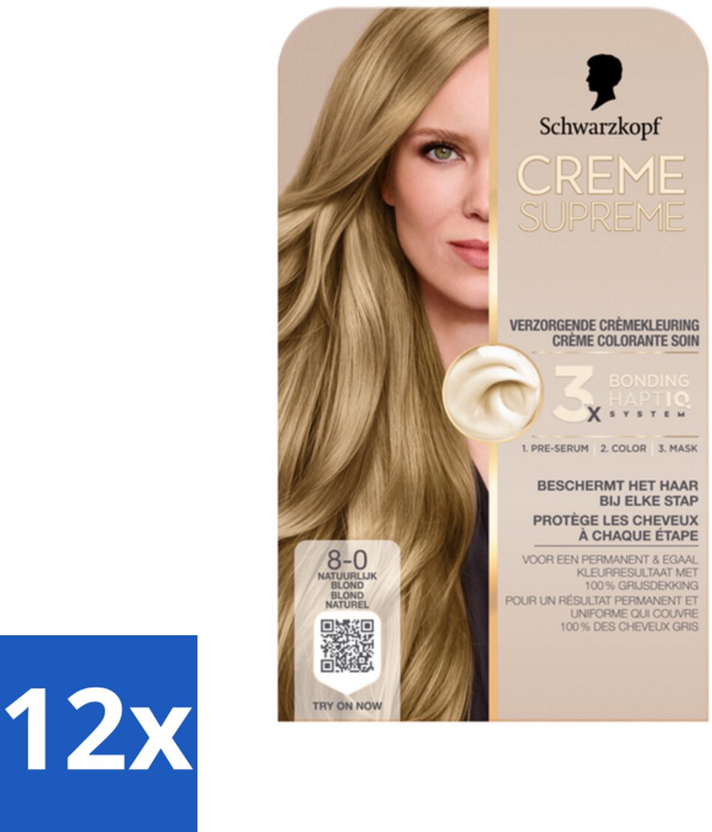 12 x Schwarzkopf - Haarkleuring - Creme Supreme 8-0 - Natuurlijk Blond - 245g - Permanente Haarkleuring - Blond Haar - Grijsdekking - Haarkleur - Verzorging Haarkleuring