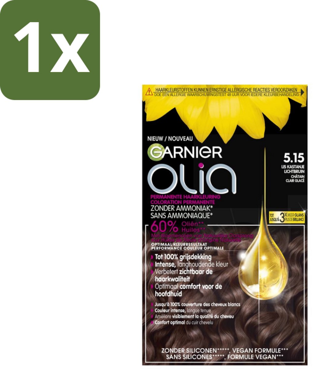 1 x Garnier - Olia 5.15 - Haarkleuring - Kastanje Lichtbruin - Zonder Ammoniak - 100% Grijsdekking - Haarkleuring - Permanent Haarkleuring - Kastanje Lichtbruin - Zonder Ammoniak - 100% Grijsdekking