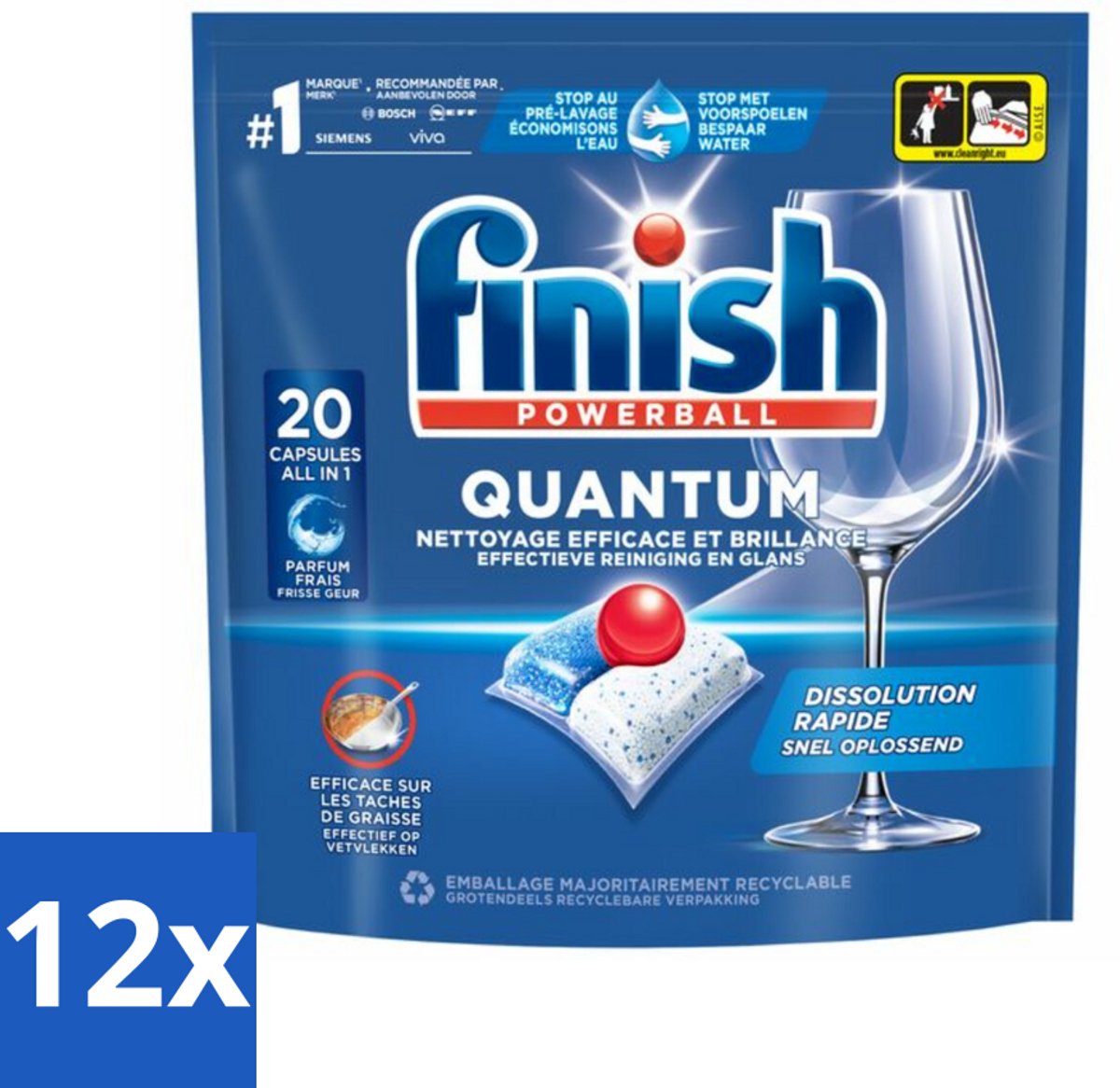 12 x Finish - Vaatwasmiddel - Quantum Vaatwastabletten Regular - Diepe Reiniging - 20 capsules - Vaatwastabletten - Diepe Reiniging - Vaatwasser Capsules - Glans - Vetverwijdering