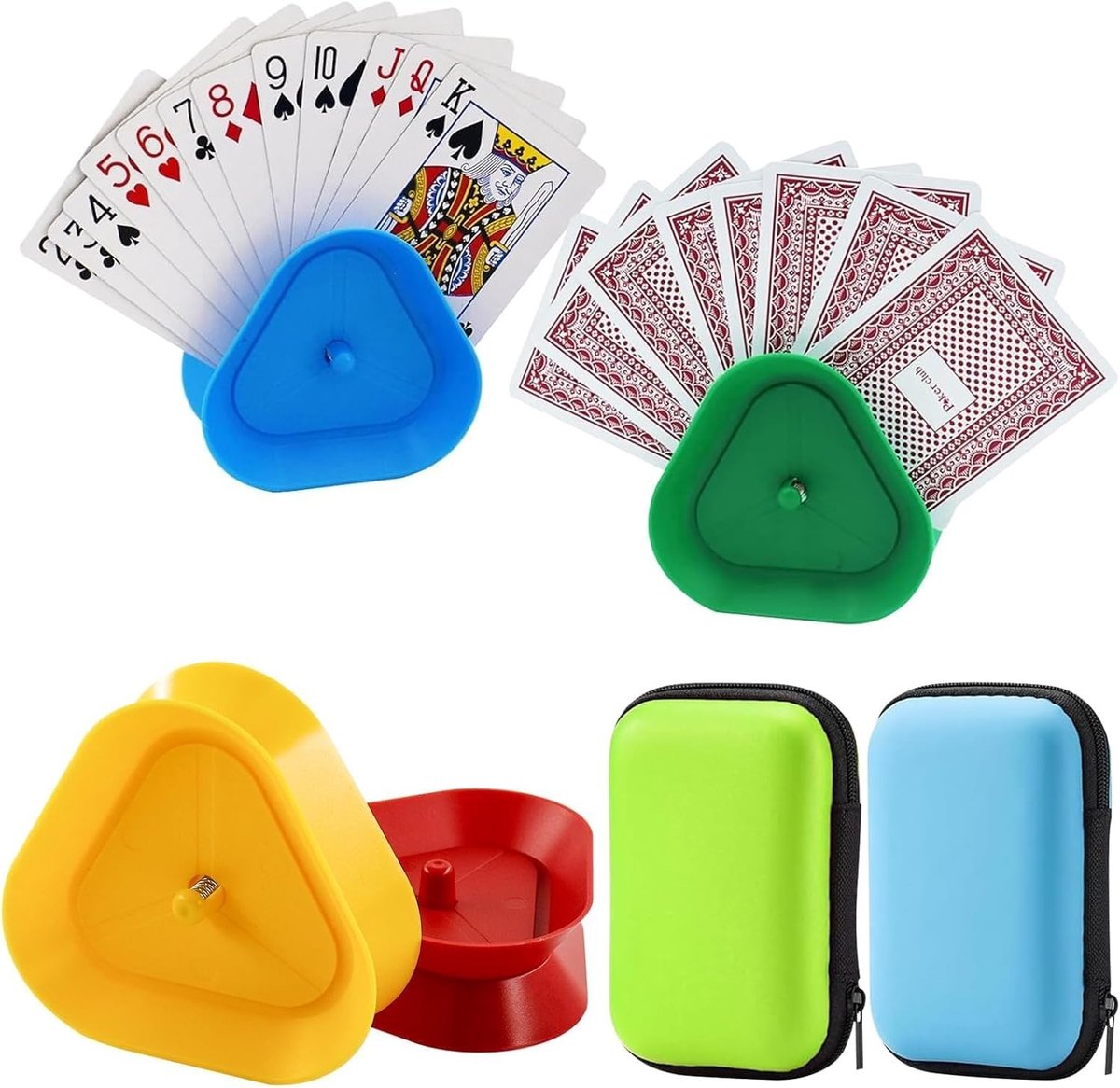 Speelkaartenhouderset - Rood, Blauw, Geel, Groen - 8 x 2,6 cm - Kunststof Driehoekige Kaarthouders met Draagtas - Voor Kinderen en Volwassenen