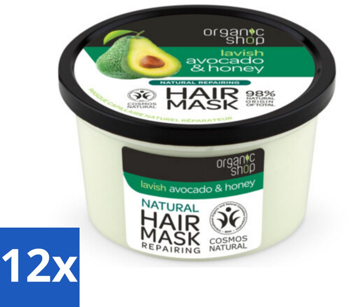 12 x Organic Shop - Haarmasker Avocado & Honey - Hydraterend en Verzachtend - 250 ml - Haar Masker - Avocado - Honing - Hydraterend - Verzachtend