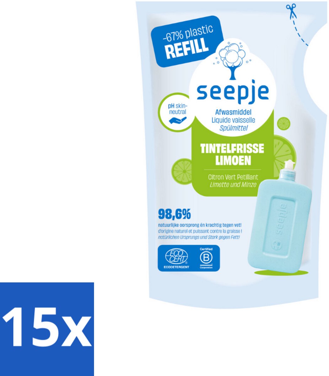 Seepje - Afwasmiddel - Duurzaam & Herbruikbaar - Re-fill - Tintelfrisse Limoen Geur - 500 ml - Bulkverpakking - 15 stuks